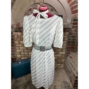 dress puff sleeve diagonal stripe vintage 1980s white gray